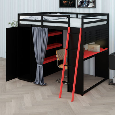 Structure de lit mezzanine tout-en-un avec rangement intégré, rideaux suspendus et lumières RVB colorées