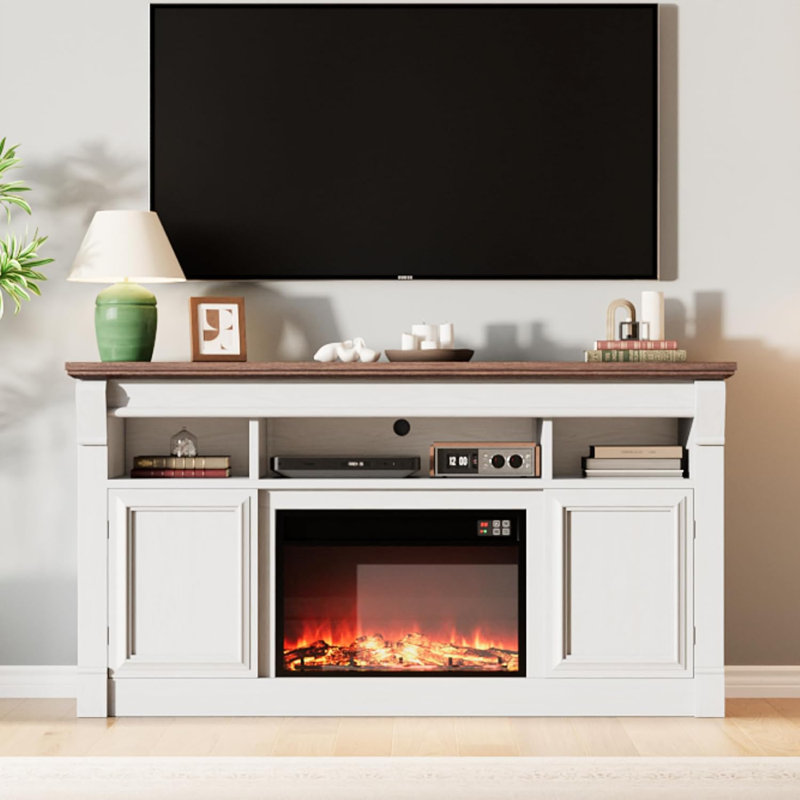 58" Fireplace TV Stand with 36" Electric Fireplace, Farmhouse Media Console, White Brown