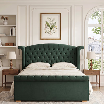 Lit-bateau tapissier à oreilles avec 2 tiroirs de rangement, grand lit, velours vert
