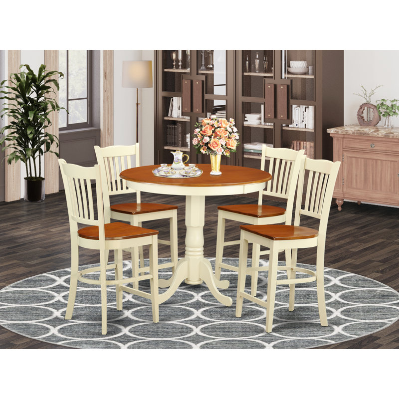 5 Piece Kitchen Counter Set Includes a Round Dining Room Table with Pedestal and 4 Dining Chairs, Buttermilk & Cherry