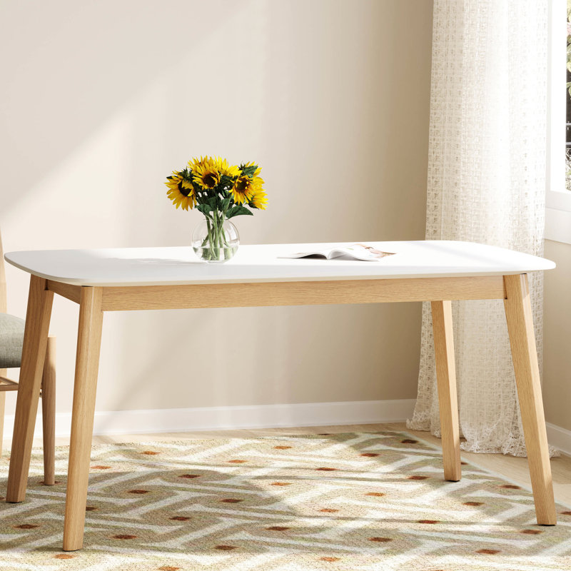 Table de salle à manger Mid-Century couleur chêne blanc, plateau en faux bois et pieds en bois d'hévéa, surface 59 po x 35,5 po 29,5 po