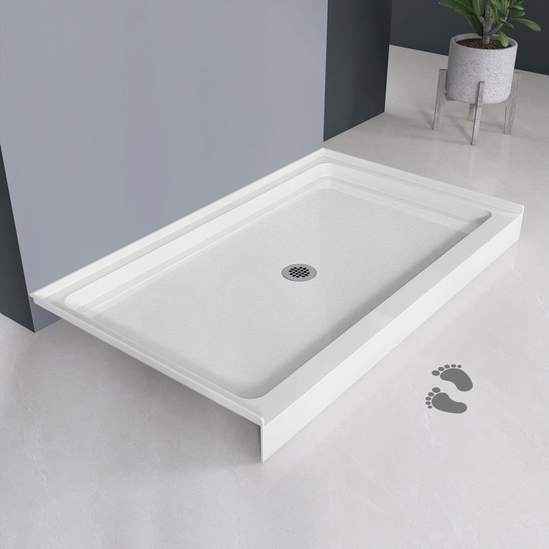 60" Single Threshold Shower Pan Base In White With Drain Assembly, Center