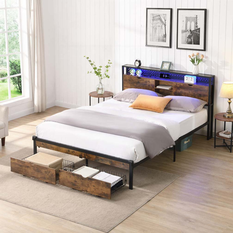 Metal Platform Bed Frame With Wooden Headboard And With Footboard USB,Charging Station,2 Drawers,Storage, LED Lights, No Box Spring Needed