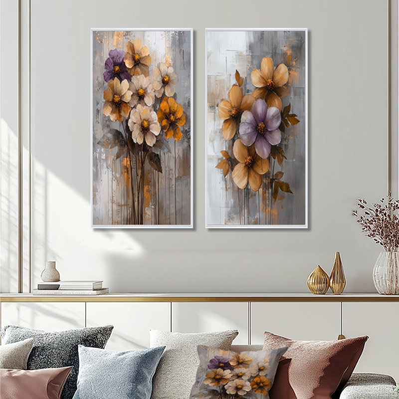 Golden Zinnias, fleurs sauvages, beauté dépliée, collection d'art mural 2 pièces, H 28 po x l 25 po, Cadre flottant blanc