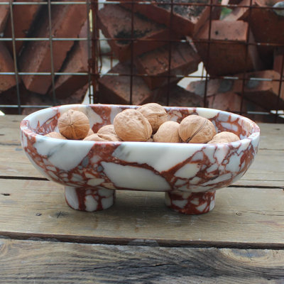 Natural Oval Calacatta Red Marble Fruit Bowl For Kitchen Counter 10", Large Decorative Bowl Two-Legs For Home Decor, Fruits Holder For Dining Table - Kitchen Organization