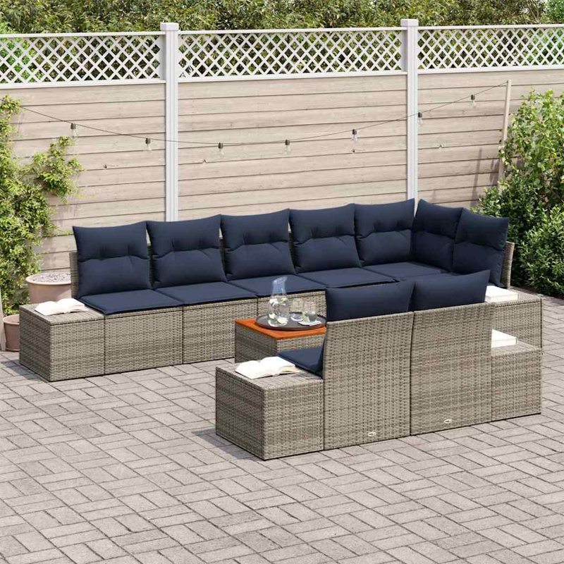vidaXL Garden Sofa Set with Cushion 9 pcs Grey Poly Rattan