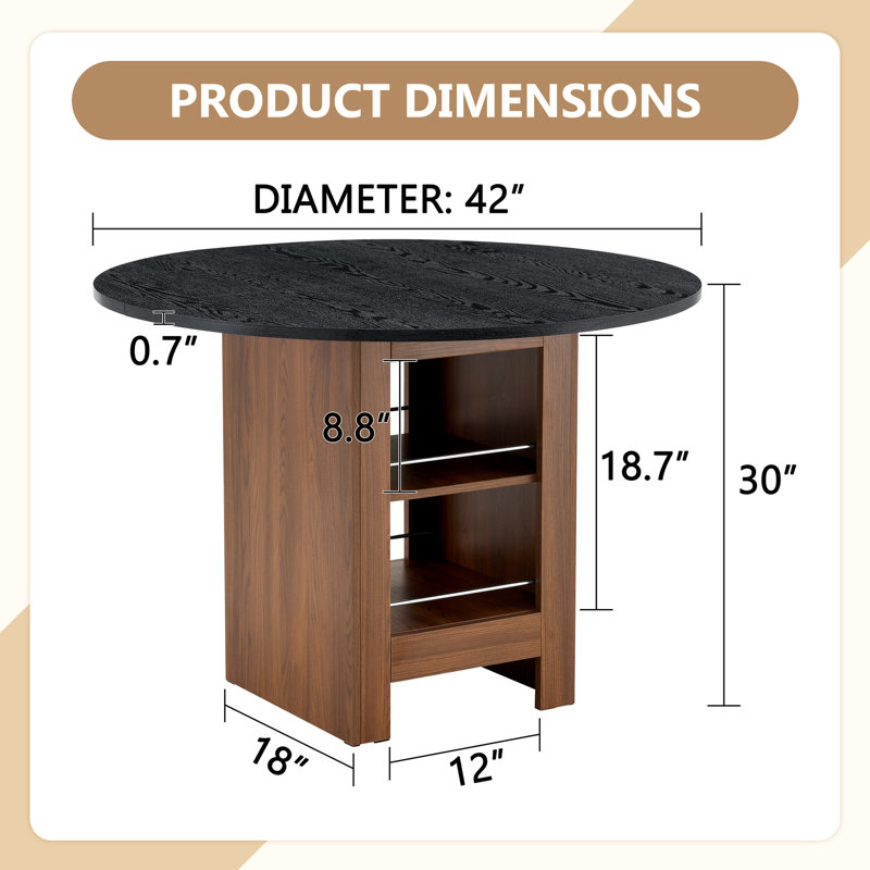 Table de salle à manger ronde en bois aggloméré de 42 po, table de cuisine moderne d'une hauteur de 30 po, tablettes de rangement à double couche, patins antidérapants, noir et bois