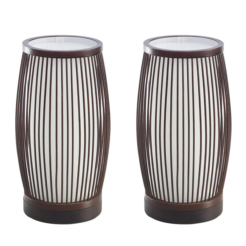 Set Of 2 Full-assembled Versatile Bamboo Drum Table Lamp With Soft Glow, Walnut, Black