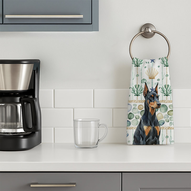 Doberman Pinscher Coastal Sea Glass Kitchen Towel, Doberman Pinscher