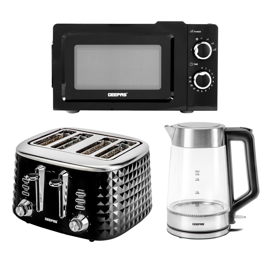 Geepas Unisex Black Illuminating Glass Kettle, 4 Slice Bread Toaster & 20L Microwave Kitchen Set In 1.7L - Image 6