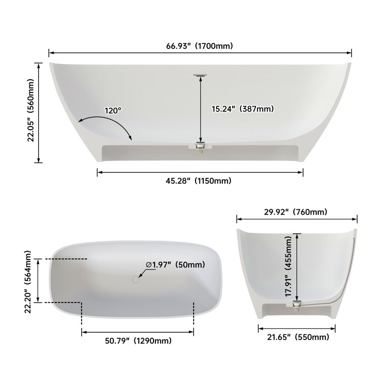 67Inch Solid Surface Deep Soaking Bathtub