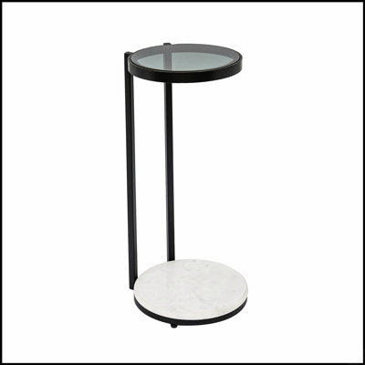 Table à boissons moderne avec plateau en verre transparent et base en marbre blanc, parfaite pour un décor de salon élégant et un design peu encombrant.