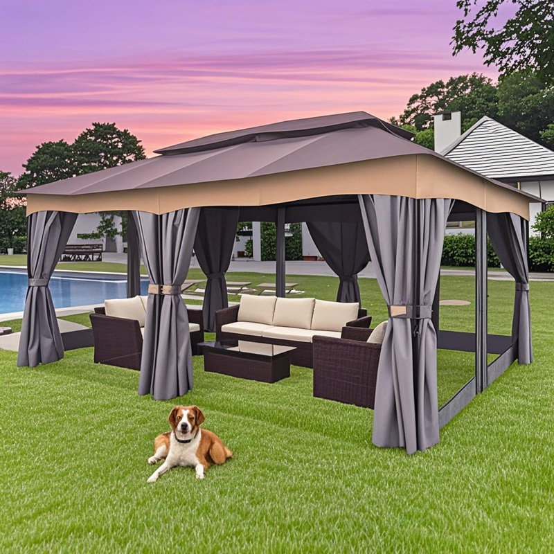 12X20 Heavy Duty Outdoor Patio Gazebo with Curtains, Canopy Tent Deck Gazebo with Double Roofs and Metal Steel Frame for Party, Backyard, Deck, Garden