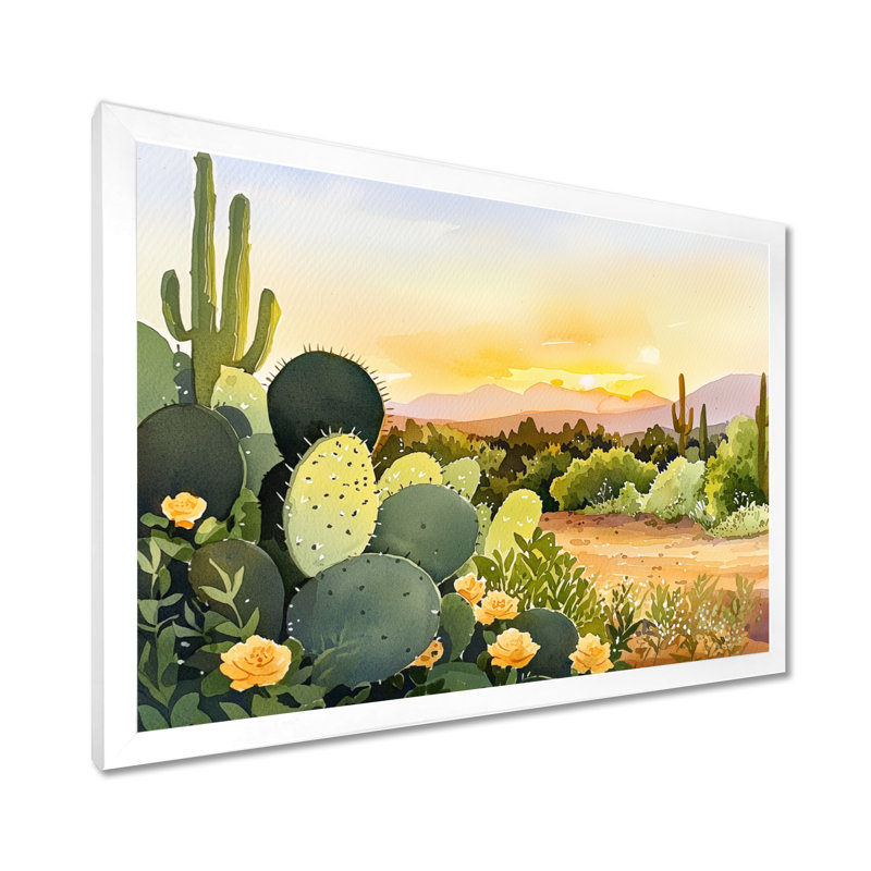 Cactus Landscape At Sunset III - Floral Cactus Print, art mural, H 12 po x l 20 po, Blanc