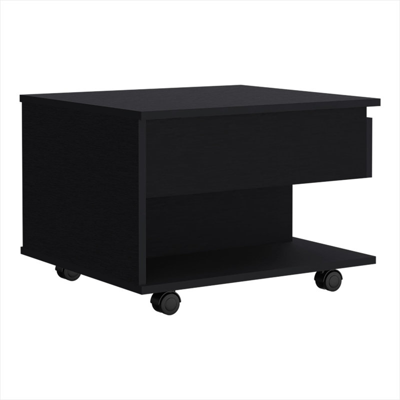 Table basse industrielle de style loft noir avec espace de travail relevable et roulettes verrouillables