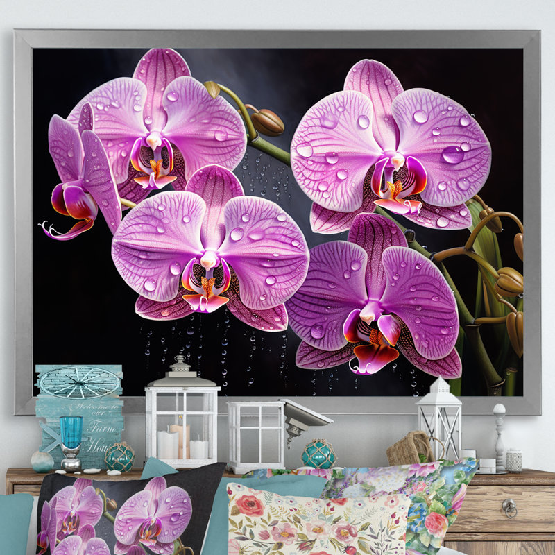 Orchidées roses, oasis sur toile, Cadre photo argenté, H 30 po x l 40 po x P 1,5 po
