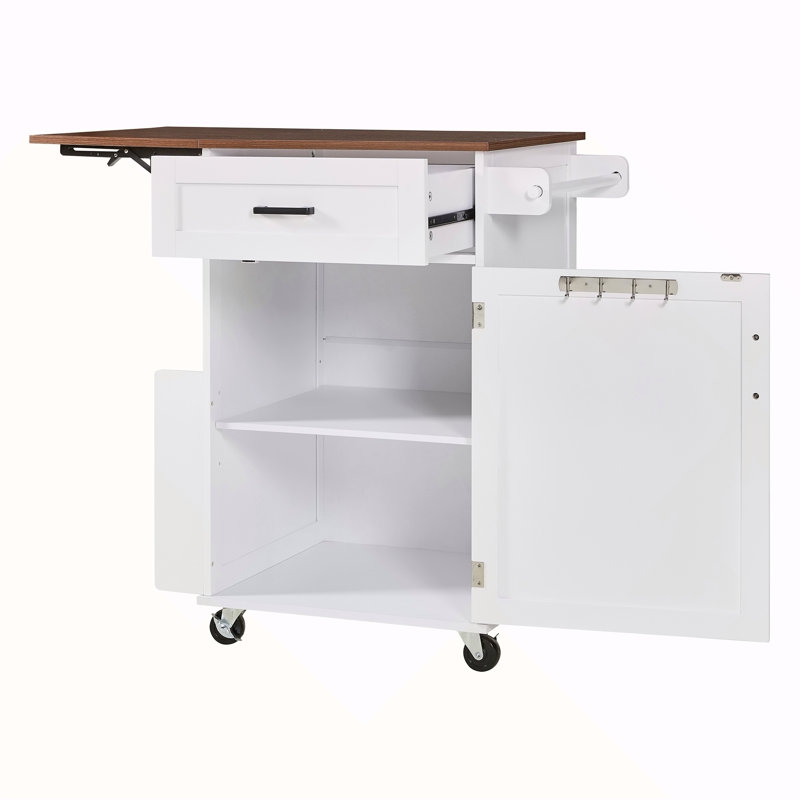 39.3" Farmhouse Kitchen Island With Drop Leaf, Kitchen Storage Island With Open Side Rack, One Drawer, Towel Rack, Rolling Kitchen Cart With Lockable Wheels For Lawn Garden