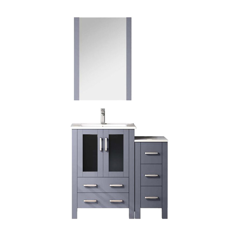 36 po W Meuble-lavabo gris foncé avec armoire latérale étroite, robinet, surface en céramique blanche et 22 unités de salle de bain à miroir suspendu - robinet, installation murale