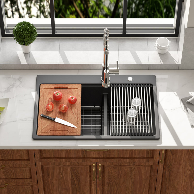 Évier de cuisine rectangulaire 33 po x 40 po à double cuve rectangulaire en granite et comptoir à double cuve à montage sur plan de travail 33/40 po