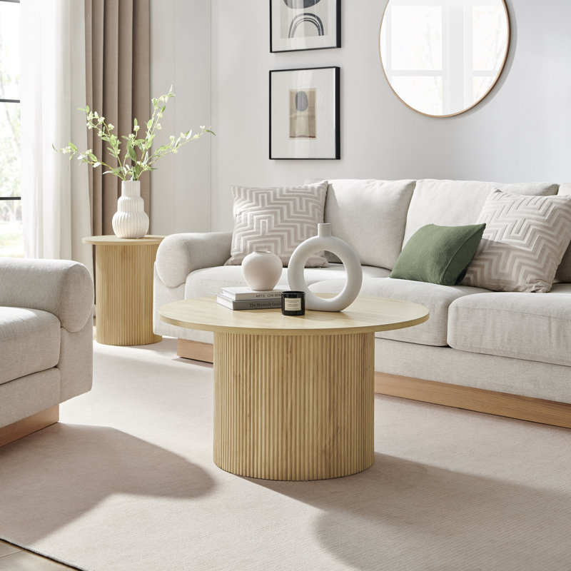 Tamorion Pedestal Coffee Table, Oak Top/Oak Base