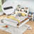 Full Size Storage Platform Bed with Twin Trundle, Pull-Out Shelves & 2 Drawers, Solid Wood Frame, White-858601889