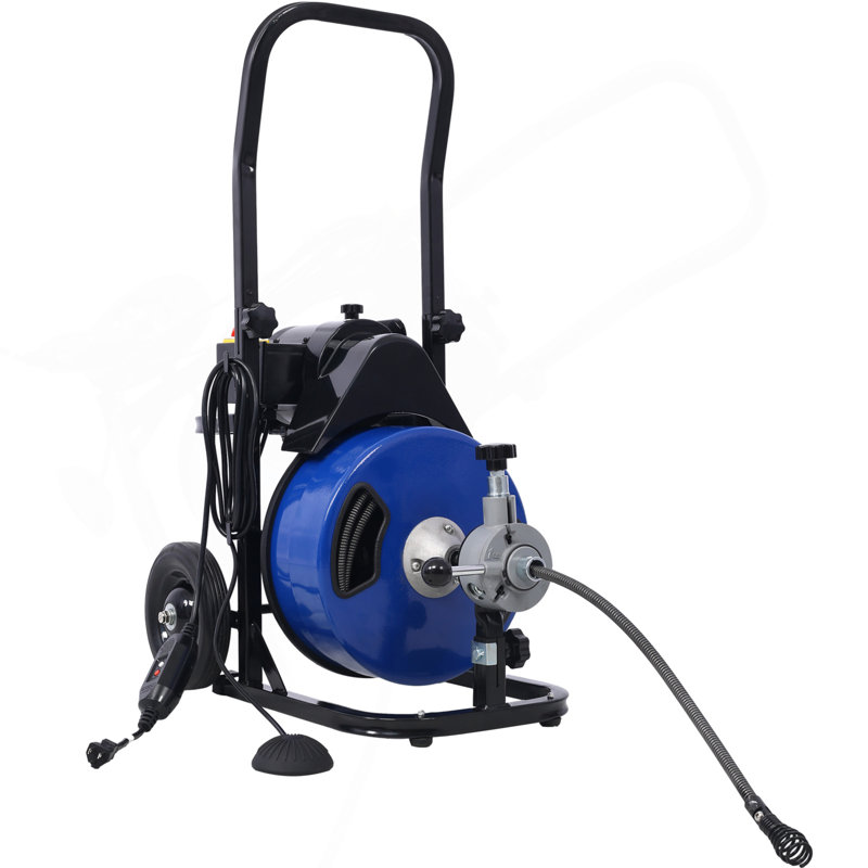 Commercial Sewer Snake Drill Drain Auger Cleaner Cable 60-Feet Long 1/2" (4)-Cutter Set & Foot Switch With Wheel