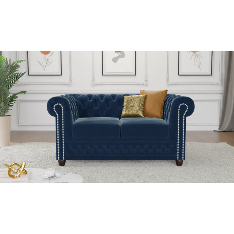Chesterfield Hanna 2 Seater Sofa with Sleeping Function Made of Velvet Fabric with Solid Wood Legs, Navy Blue