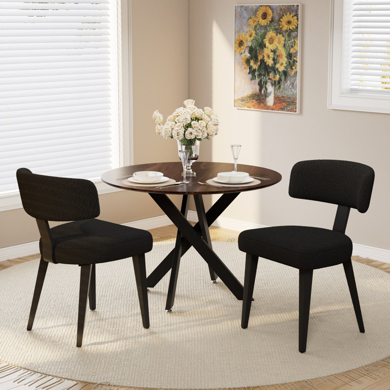 Table de salle à manger ronde 36 po avec chaise d'appoint en peluche noire, Brun, 3 pièces: table, 2 chaises