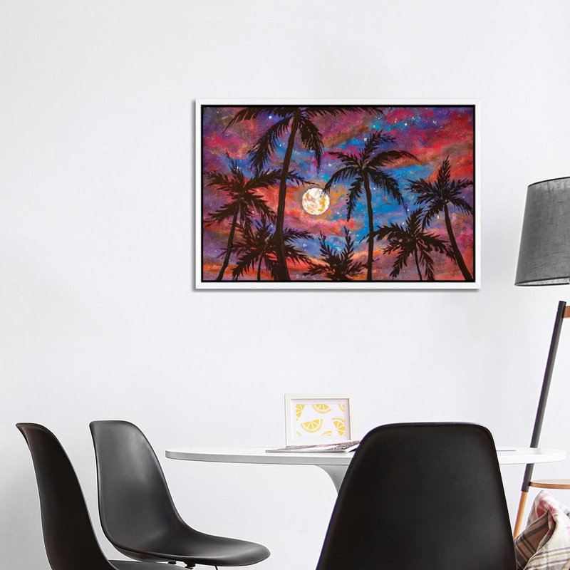 Beautiful Palm Trees, Pink Purple Sunset And Large Moon by Valery Rybakow - Painting on Canvas, White Framed