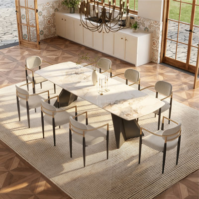 9-Piece Expandable Sintered Stone Dining Set, 78.74"-110.2" Rectangular Table with 8 Armchairs, Complete Dining Room Set for Family Gatherings