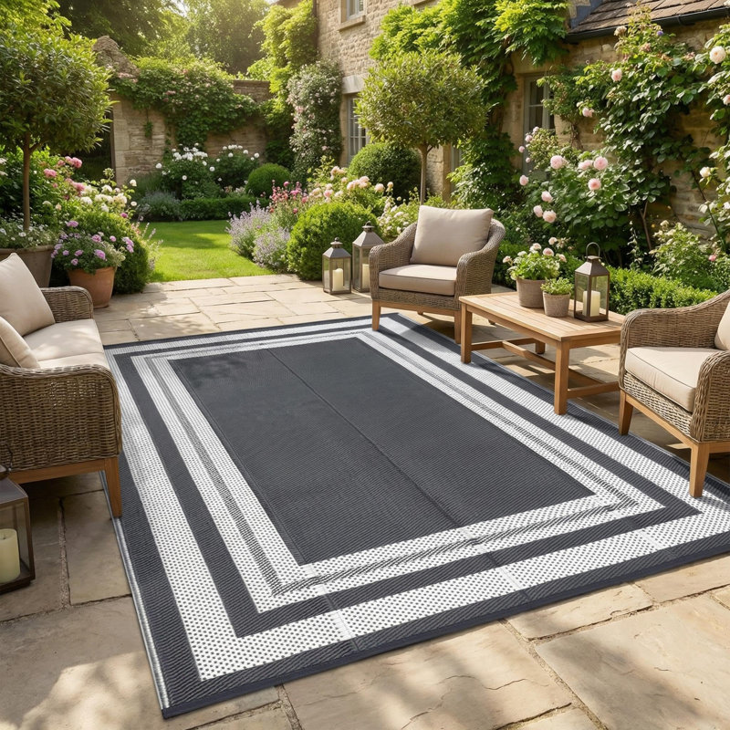 Outdoor Rug 10x14ft - Waterproof Reversible Plastic Straw Mat - Lightweight, Collapsible, Easy Clean for Porch, RV, Camping, Deck - Gray/White, Size: 10x14ft, USA