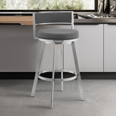 Annettia Modern Swivel Metal Counter or Bar Height Bar Stool in Gray Faux Leather Seat