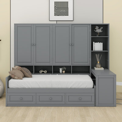 Lit de jour en bois avec trois tiroirs, armoire tout-en-un, bureau et tablettes