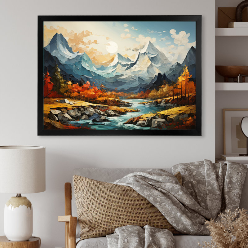«Orange Teal Mountains Majestic Peaks Collage III», reproduction, 24" H x 32" W, White Picture Framed