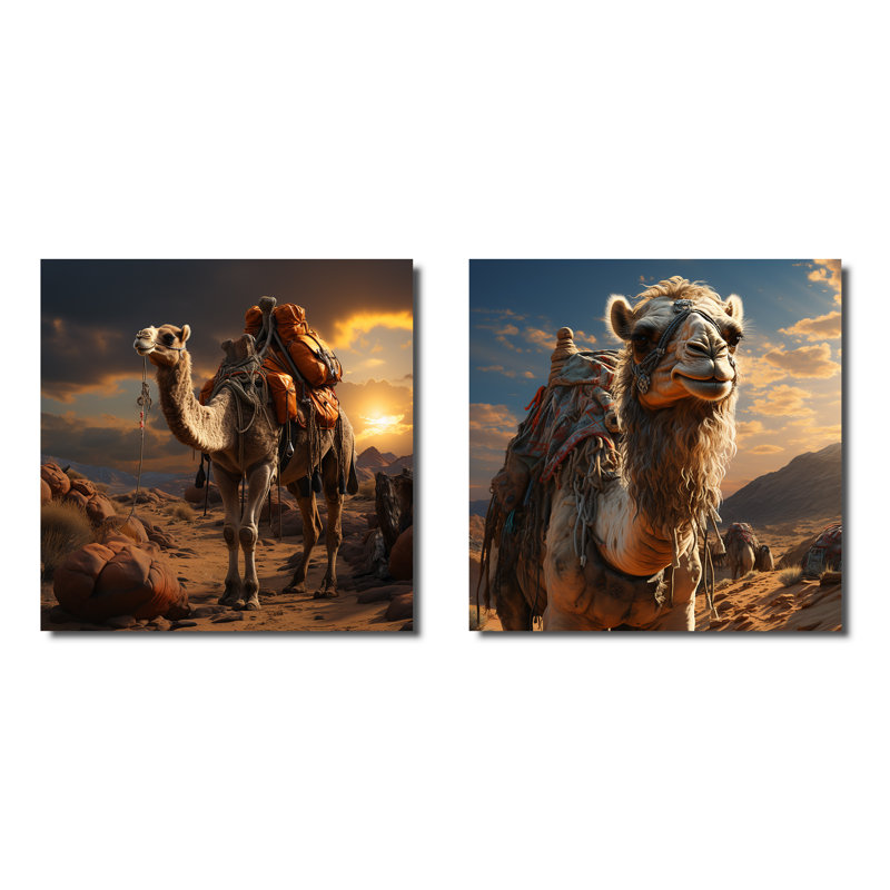 Majestic Camel Desert Wanderer I - Camel Canvas Prints Set Of 2, 16" H x 33" W x 1" D, Wrapped Canvas