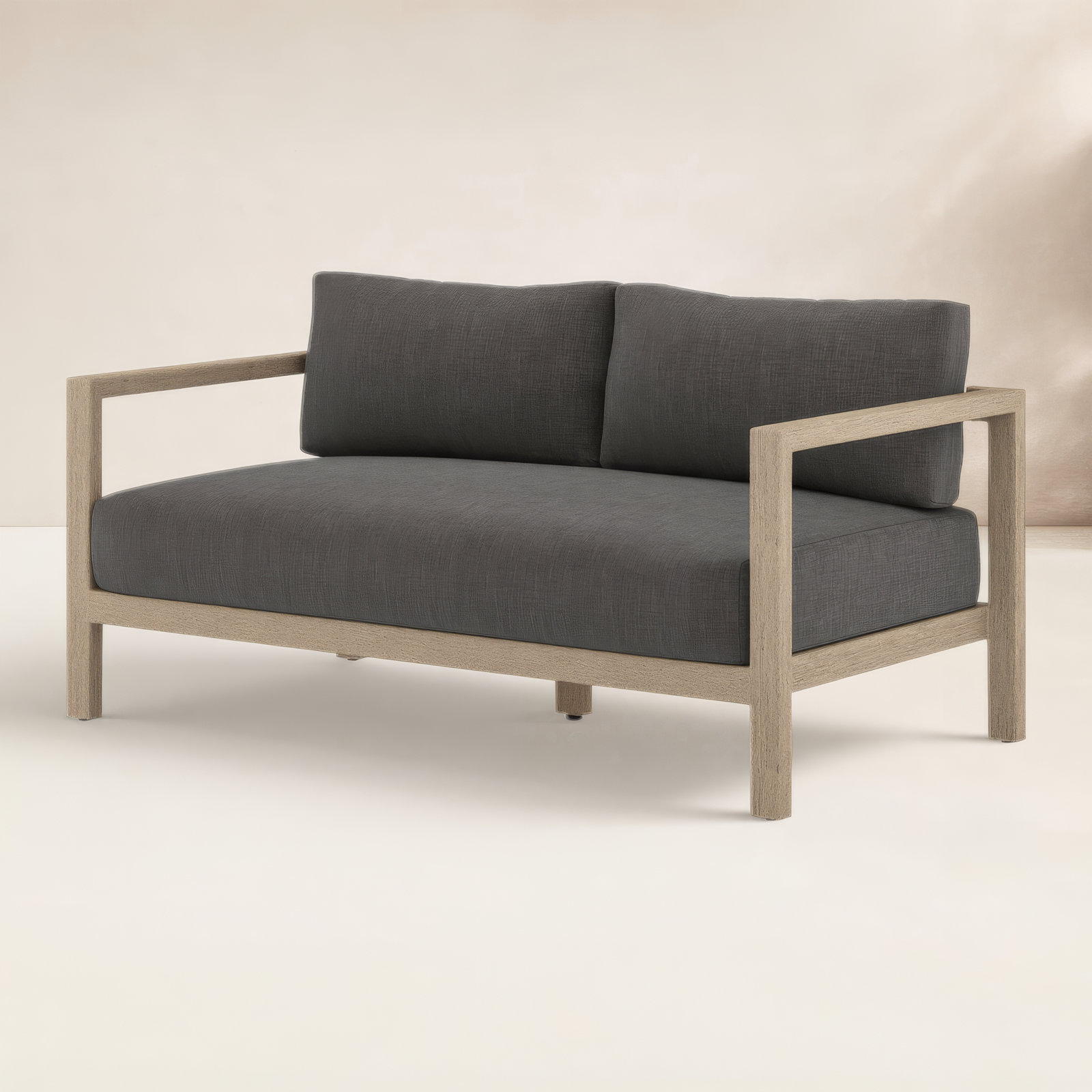 Cavani 59.75'' Wide Teak Loveseat with Cushions, Washed Brown, Charcoal