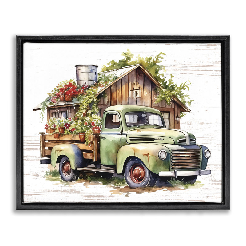 «Rustic Pickup with Greenery», art mural encadré flottant par lettré et doublé, Cadre flottant noir de jais