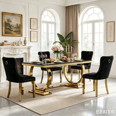 Ensemble de salle à manger 5 pièces en marbre noir pour 4 personnes, ensemble table et chaises de cuisine de luxe 68 po dorées avec base en acier inoxydable pour cuisine et salle à manger