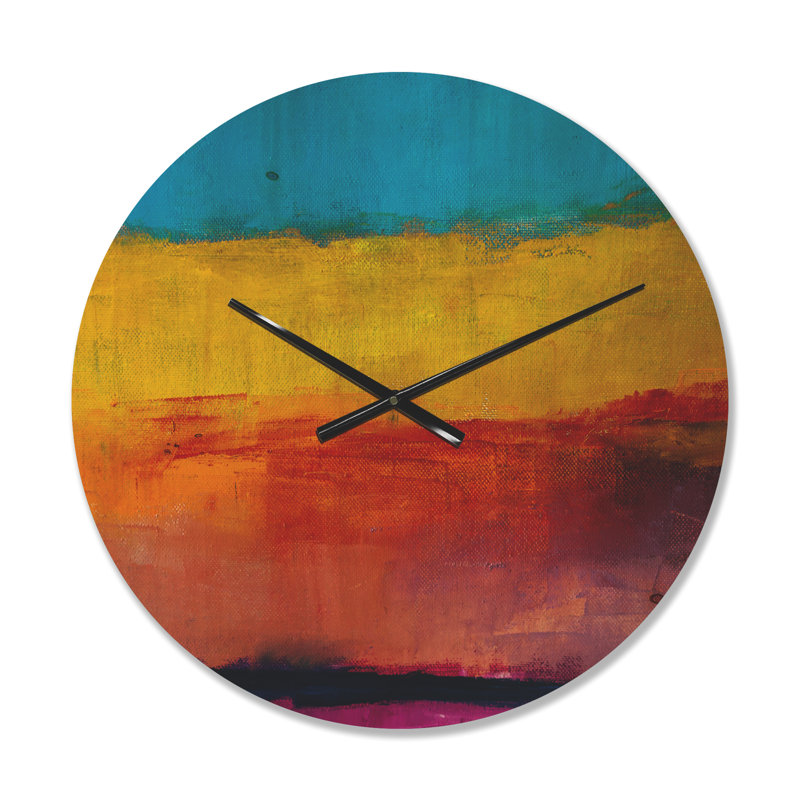 Jaune, bleu, orange, peinture abstraite, horloge murale moderne en bois, Moyen