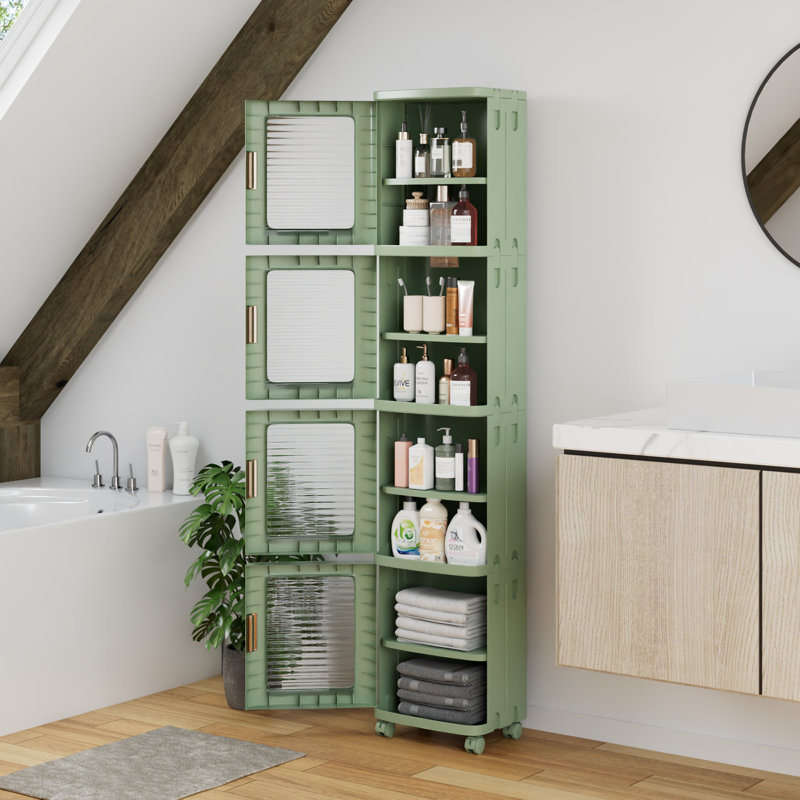 Aarn Plastic Foldable Stackable Storage Box On Wheels, Slim Bathroom Storage Cabinet With Doors And Shelves, Tall Narrow Bathroom Storage Organizer With Movable Wheels