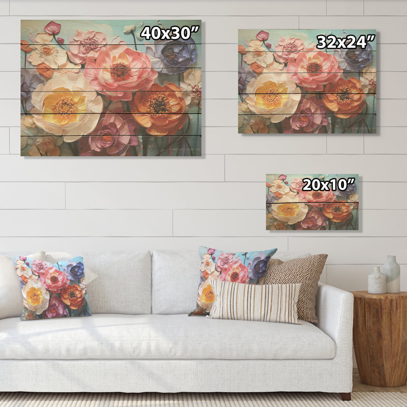 Champ de fleurs de renoncule liquide - Art mural en bois sur bois de pin naturel, H 30 po x l 40 po