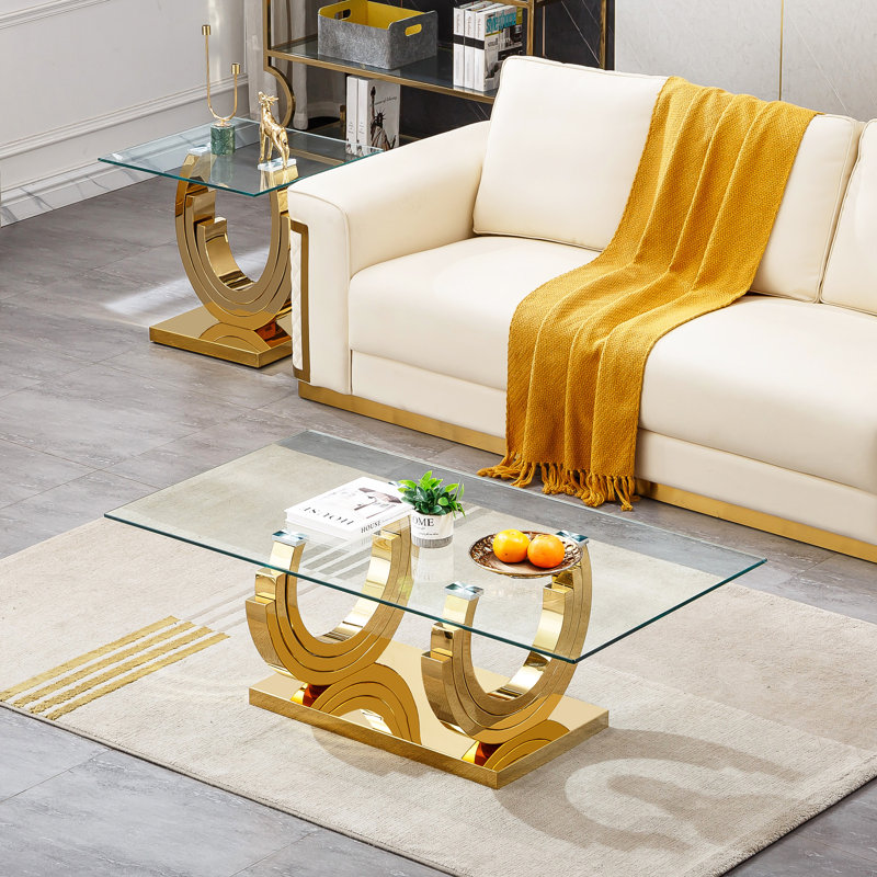 Ensemble de table basse en verre 3 pièces, ensemble de table de salon moderne avec 1 table basse et 2 tables de bout, ensemble de table basse et de table d'appoint en verre de luxe avec base en acier inoxydable en forme de 3C pour le bureau à domicile