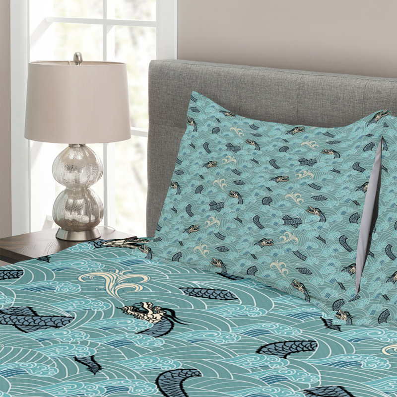 Adrio Blue/Grey Microfibre Bedspread Set, 220 x 264 cm