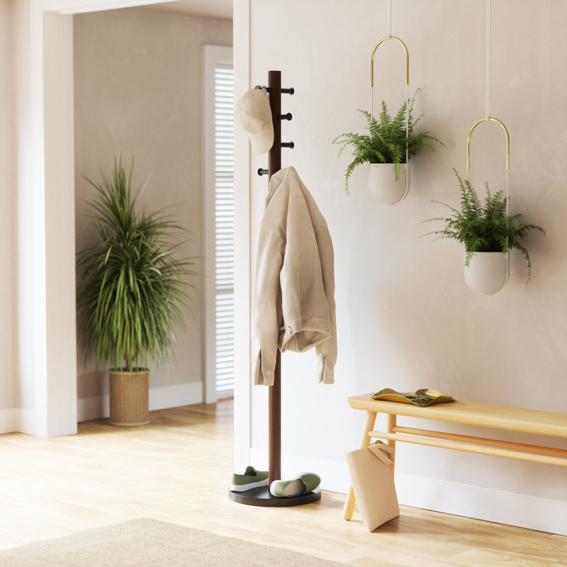 Pillar Solid Wood Freestanding Coat Stand, 8 Hooks, Black/Walnut