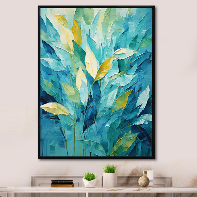«Blue Tropical Plants Mirage 1 - Jungle», art mural, Cadre flottant noir, H 40 po x l 30 po x P 1,5 po