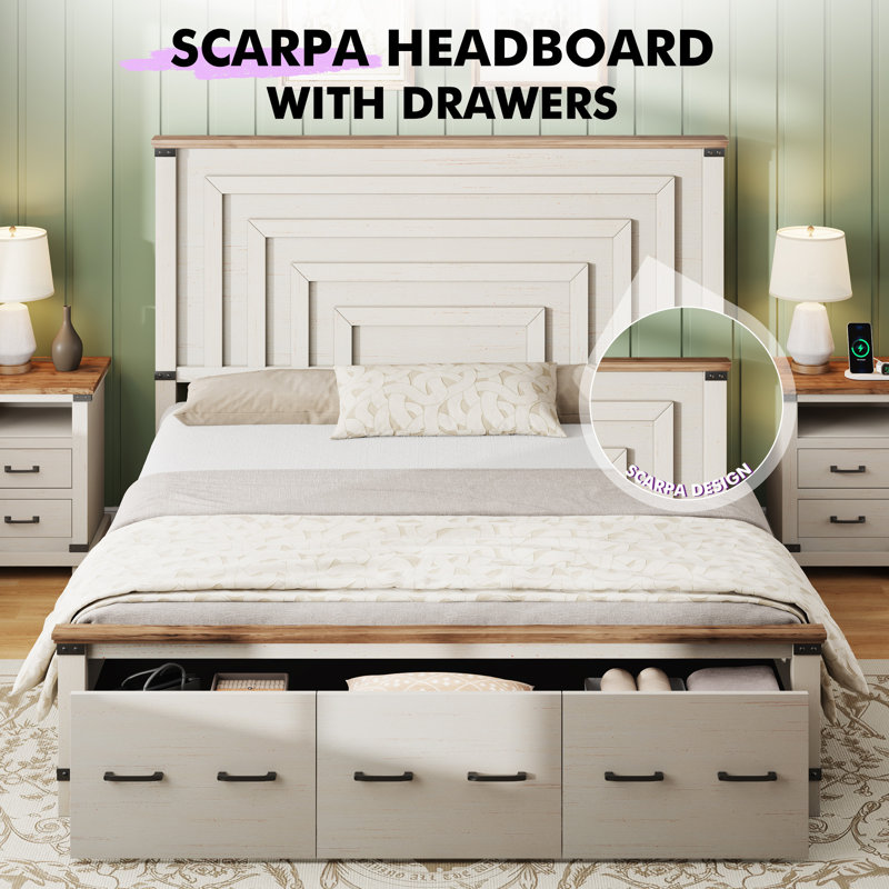 Farmhouse Wood Platform King Bed Frame with 54" Tall Geometric Headboard & Footboard, White, White, King