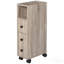 Armoire de salle de bain autoportante compacte avec 2 armoires ouvertes, 1 armoire à portes, 1 tiroir et 4 roulettes, couleur grain de chêne