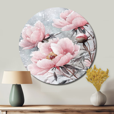Pivoines dans le vent d'hiver I - pivoines rondes, reproduction d'art métallique traditionnelle rose