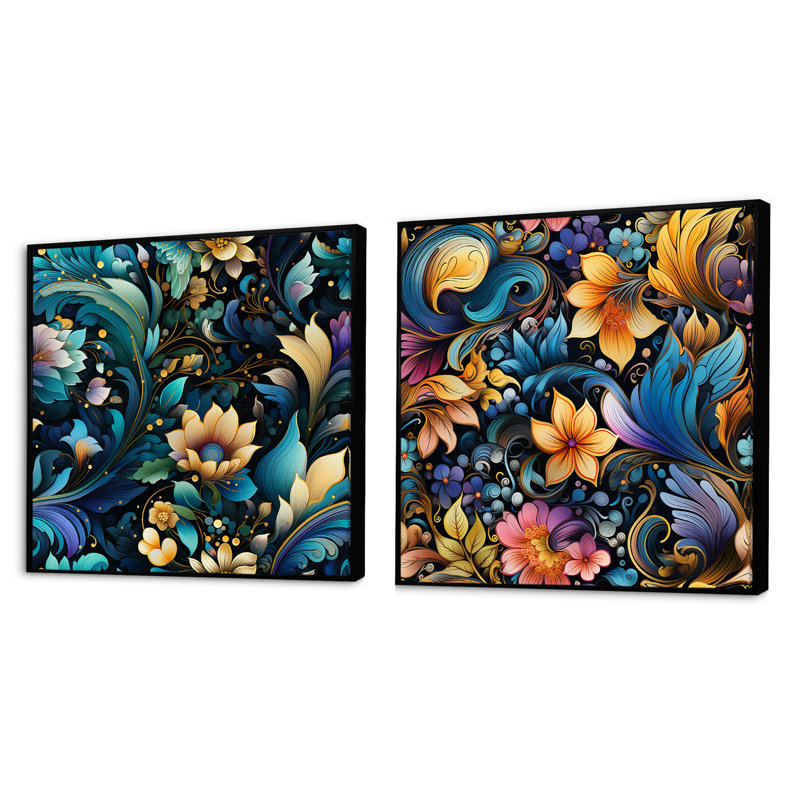 Burlington - fleurs bleues, harmonie cosmique - ensemble de collages carrés botaniques abstraits, Cadre flottant noir