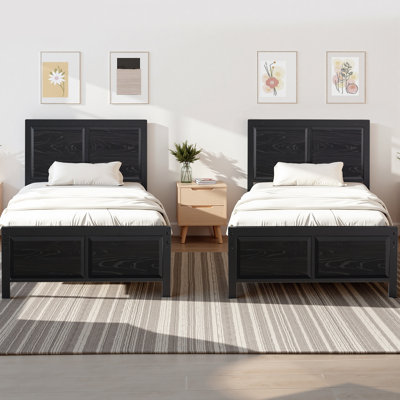 Sandreka 2 Set Twin Size Bed Frame, 2Pcs Rustic Farmhouse Metal Platform Bedframe with Wood Headboard, Mattress Foundation with Heavy Duty Metal Slats Support, No Box Spring Needed